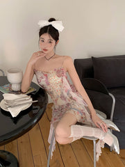 Asymmetrical Ruffle Hem Women Mini Dress Shirring Lettuce Trim Patchwork Print Floral Cami One-piece Coquette Clothes Aiertu