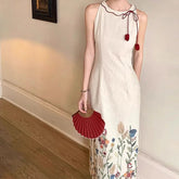 AIERTU - Women Dress New Chinese Style Printed Cheongsam Design Round Neck Tie Up Sleeveless Slim Fit Artistic Eetro Texture Long Dresses Aiertu