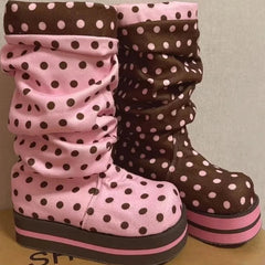 AIERTU - Chocolate Pink Polka Dot Thick Soled Pleated Middle Tube Pile Boots Cute Sweet Girl's Short Boots Women Shoes Aiertu