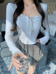 Aiertu 2024 Summer Lace Y2k Basic Crop Tops Women Pure Color Slim Korean T-shirt Fashion Office Lady Casual Clothing Female Design Sexy Aiertu