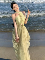 Aiertu Vintage Green Mesh Bamboo Print Sexy Sleeveless Elegant Slim Chinese Long Dress Summer Hollow Off Shoulder Pleated Dresses Boho Aiertu
