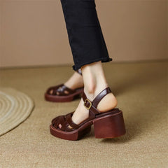 Summer New Women Shoes High Heel Roman Sandals Cow Patent Leather Daily Buckle Strap Lady Casual Footwear Brown Size 40 Aiertu