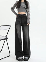 Aiertu Black Gray American Retro Jeans Wide Leg Baggy Pants Streetwear Trousers Y2k Fashion Spice Girls Denim Pants Straight Jeans aiertu