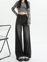 Aiertu Black Gray American Retro Jeans Wide Leg Baggy Pants Streetwear Trousers Y2k Fashion Spice Girls Denim Pants Straight Jeans aiertu