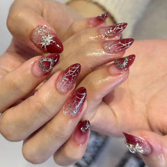 Aiertu Almond Red Press-on Nail Silver Spiderweb Pattern Heart Decor Artificial Nail for Women and Girl Party Activity aiertu