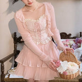 Aiertu - Fragrant Delicate Posy Petals Top with Cardigan and Optional Skirt Dress Set Kawaii Academia Y2K Cottagecore Coquette Fairycore Dollette Princesscore Bottoms Aiertu