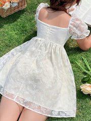 Aiertu Sweet White Princess Ball Gown Mini Dress Fairycore E-Girls Puff Short Sleeve Square Neck Short A-Line Butterfly Printing Dresse Aiertu