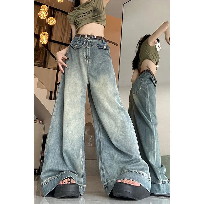 Aiertu Spring Women Vintage Y2k Baggy Jeans High Waist Oversized American Trouser Denim Wide Leg Streetwear Straight Basic Pants Aiertu