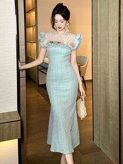 Elegant Ball Dress Delicate French Pearl O-neck Flowers Ruffles Fishtail Robe Birthday Party Banquet Vestidos Mujer Aiertu