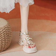 Aiertu Fashion Summer Women's Rivet Roman Wedge High Heel Open Toe Sandals Chunky Heel Outdoor Beach Casual Women's Sandals 35-40 Aiertu