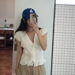 AIERTU - Fashionable Korean Style Splice Lace Trim Slim Fit Short Sleeve Top Women's Shirt Versatile Style Summer Deformation Aiertu