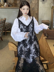 Aiertu Y2k Coquette Beach Sexy Floral Flower Embroidery Black Slip Long Dress Women Sundress Holiday Vacation Maxi Dresses Aiertu