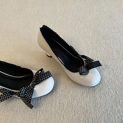 AIERTU - Riband Bow Round Toe Kitten Heel Mary Jane Shoes Women Pumps Sweet Chunky-Heel Dress Shoes Spring Vintage Lolita Shoes Aiertu