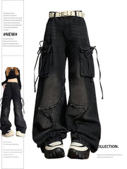 Aiertu Women's Black Gothic Baggy Cargo Jeans with Star Harajuku Y2k 90s Aesthetic Denim Trousers Emo 2000s Jean Pants Vintage Clothes Aiertu