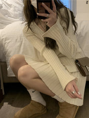 Aiertu New Fashion Casual Single Breasted Knitted Two Piece Set Women Sweater Cardigan Coat + Pleats Skirt Sets Vintage 2 Piece Suits Aiertu