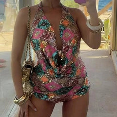 AIERTU - Women Shiny Sequins Shorts Set Beach Vacation Backless Halter Crop Top + Micro Bodycon Shorts Festival Rave Club 2 Piece Outfit Aiertu