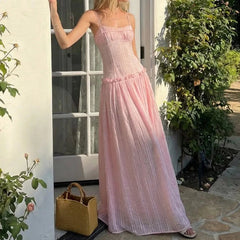 AIERTU - Women Y2K Maxi Dress Elegent Spaghetti Strap Square Neck Pleated Front Flowy Long Dress Summer Backless Ruched Ruffle Hem Dress Aiertu