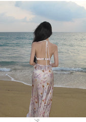 Aiertu New Sexy Fashion New Women Floral Print Midi Dress Sleeveless Halter Bodycon Slim Beach Holiday Vestidos Female Backless Clothes Aiertu