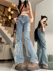 Aiertu Women's Butterfly Embroidery Pattern Micro Flared Jeans Cool Girl Fashion Wide Leg Denim Trousers Female High Waist Pants Aiertu