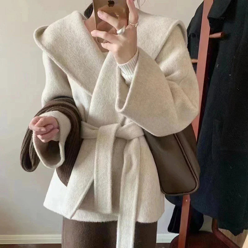 Aiertu Winter Jacket Women Thick Warm Loose Style Hood Luxury Casual Double -sided Wool Blends Ladies Miss Leisure Woolen Coat Aiertu