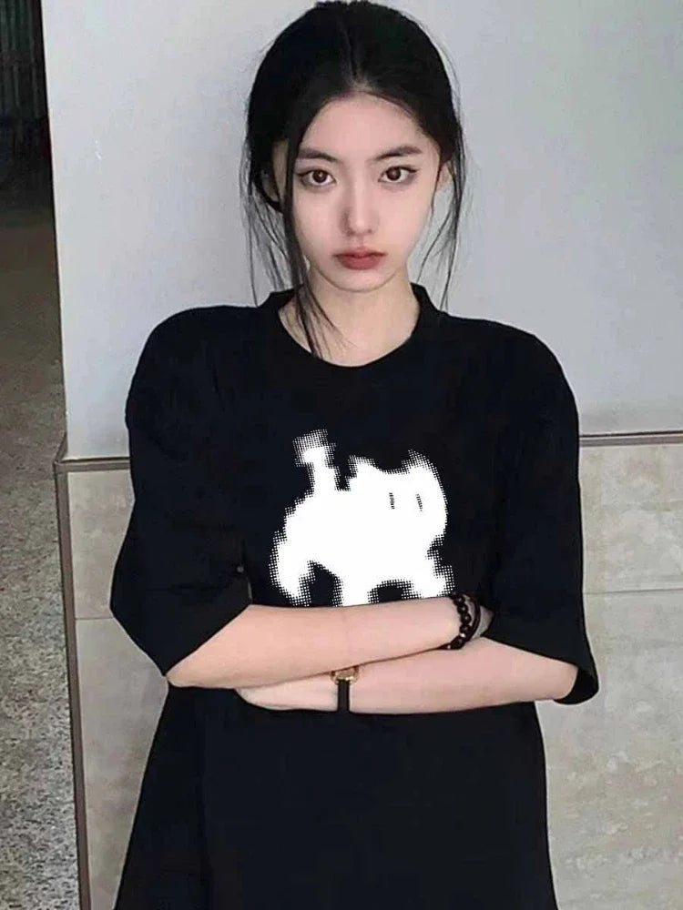 Aiertu Summer Y2k Aesthetic Print Basic Short Sleeve T-shirts Streetwear All Match Loose Tops Women Casual Harajuku Oversize O Neck Tee Aiertu