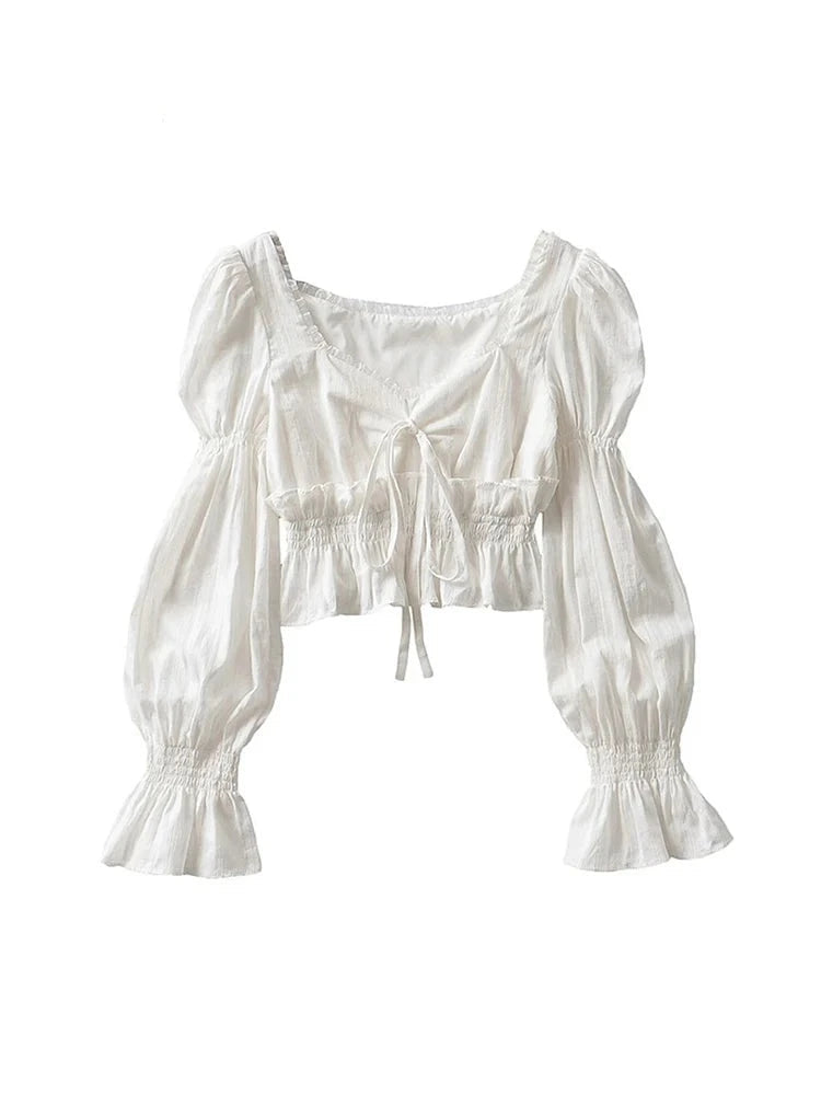 Aiertu French Pleated Lantern Long Sleeve Shirt For Women's 2022 Spring And Autumn New Vintage White Square Collar Blouse Tops Female Aiertu