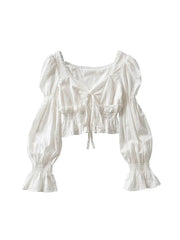 Aiertu French Pleated Lantern Long Sleeve Shirt For Women's 2022 Spring And Autumn New Vintage White Square Collar Blouse Tops Female Aiertu