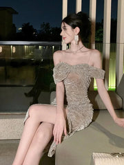 Aiertu DRESS TO IMPRESS Evening Dresses Women Temperament Shiny Off Shoulder Slim Wrapped Split Midi Dress French Gentle Fashion Party Vestidos aiertu