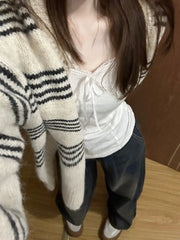 Patchwork Contrast Color Striped Knitted Cardigans Women Y2k Aesthetic Single Breasted Coats New Streetwear Casual Loose Sweater Aiertu
