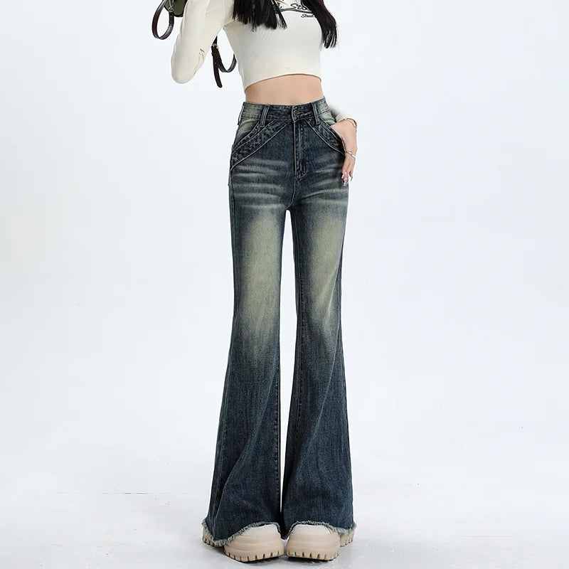 Aiertu Blue High Waist Skinny Pants Jeans Women Autumn High Street Slimming Trumpet Denim Pants Retro Extended Version Horseshoe Pants aiertu
