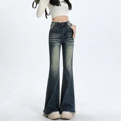 Aiertu Blue High Waist Skinny Pants Jeans Women Autumn High Street Slimming Trumpet Denim Pants Retro Extended Version Horseshoe Pants aiertu