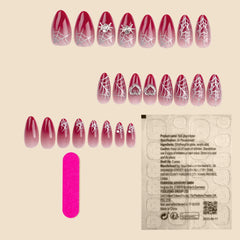 Aiertu Almond Red Press-on Nail Silver Spiderweb Pattern Heart Decor Artificial Nail for Women and Girl Party Activity aiertu