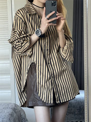 Aiertu Striped Oversized Shirt for Women New Korean Fashion Turn Down Collar Split Chic Blouse Office Ladies Casual Long Top Aiertu