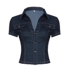 AIERTU - New Women's Street Workwear Style Imitation Denim Slim Fit Pocket Lapel Slimming Short Sleeved Shirt Aiertu