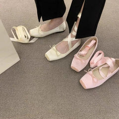 Aiertu NEW Classic Silk Ballet Shoes Lace Up Ballet Shoes Women Square Toe Bowtie and Rose Flower Women Flats Elegant Valentine Shoes Aiertu