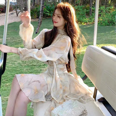 Aiertu 2024 New Holiday Dress Women Summer Long Sleeve V-Neck Bubble Sleeve Chiffon Beach Printed Dress Irregular Fairy Dress Boho Aiertu