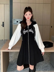 Aiertu Korean Style Oversize Hooded Dress Women Preppy Style School Student Casual Letter Sport Mini Short Dresses Autumn Aiertu