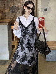Aiertu Y2k Coquette Beach Sexy Floral Flower Embroidery Black Slip Long Dress Women Sundress Holiday Vacation Maxi Dresses Aiertu
