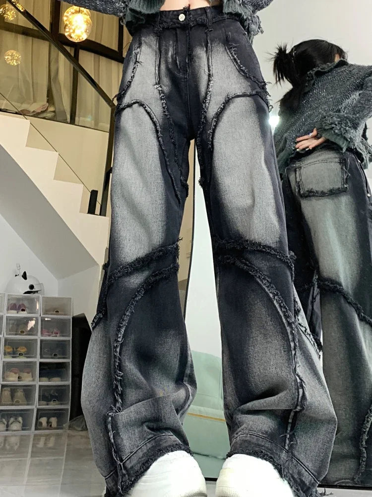 Aiertu Y2k Baggy Jeans Women Vintage Streetwear Hip-hop Harajuku Design Wide Leg Denim Pants 2024 Spring Fashion Aiertu