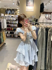 Aiertu Square Collar Dresses Women 2024 Summer Korean Sexy Slim Elegant Fashion Casual Short Sleeve High Waist Fairy Dress Trend Aiertu