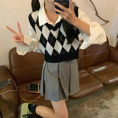 Aiertu Autumn Fashion Female Vintage Plaid Sweater Vests Women's Tank Tops Knitted Crop Top Women Sleeveless Knitted Vest Waistcoat Aiertu