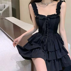Aiertu Gothic Black Sexy Slip Dress Y2K Harajuku Streetwear Punk Lace Up Cake Dress Female Summer Korean Fashion Party Ruffles Dresses Aiertu
