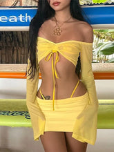 Aiertu Y2K Aesthetics Sexy Co-ord Sets Yellow 2000s Clubwear Off Shoulder Flare Sleeve Crop Tops and Micro Skirt 2 Piece Suits aiertu