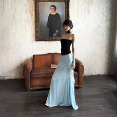 Aiertu Elegant Sexy Tulle Long Skirt Women Coquette Fashion Transparent Skirt Blue Sweet A-line Solid Aesthetics Casual Skirts Aiertu