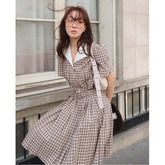 AIERTU - Korean Style Summer New Plaid Dress with Belt Loose Feel Sweet Style Women's Dress Short Sleeve Shirt Collar Casual Scene Aiertu
