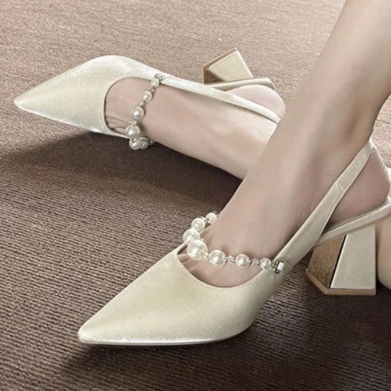 AIERTU - Elegant Pearl Embellished Pointed Toe High Heels Sandals Women's Fashionable Fairy Tale Style Back Strap Slip-On Party Shoes Aiertu