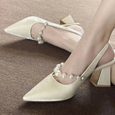 AIERTU - Elegant Pearl Embellished Pointed Toe High Heels Sandals Women's Fashionable Fairy Tale Style Back Strap Slip-On Party Shoes Aiertu