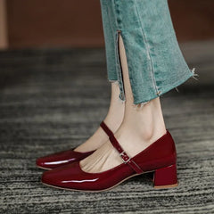 New Women's Red Black Mary Janes Shoes High Quality Leather Low Heel Dress Shoes Square Toe Shallow Buckle Strap Women's Shoes Aiertu