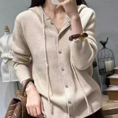Aiertu 100% Pure Wool Sweater Women's Clothing Knitted Cardigan Autumn Winter New Casual Hooded Cardigan Loose Korean Long Sleeved Top Aiertu