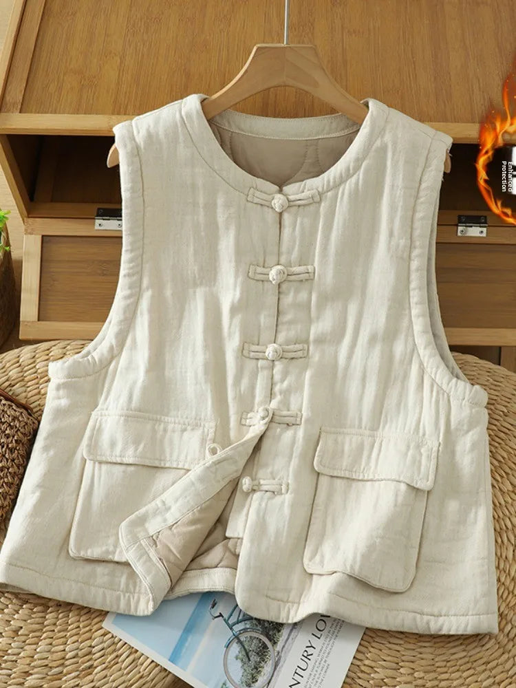 AIERTU - Retro Washed Linen Cotton Women's Vest Winter Thickened No-Sleeve Button-Up Open Cardigan Outerwear Strong Heating Index Aiertu